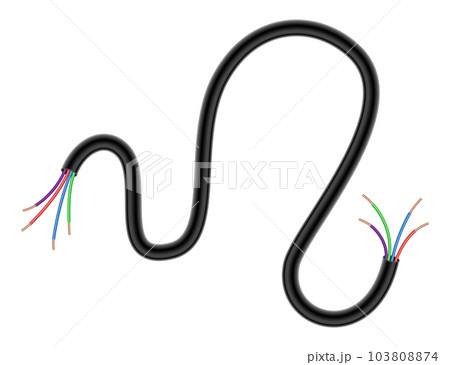 Broken electrical copper wire or cord. Damaged electric power cable. Torn wire with bare wire. Danger electric problem. Color electricity cable. Vector illustration isolated on white background Broken electrical copper wire or cord. Damaged electric power cable. Torn wire with bare wire. Danger electric problem. Color electricity cable. Vector illustration isolated on white background 103808874