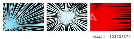 Comic book speed lines set, explosion effect. Abstract radial zoom speed light, motion background set. Mega speed frames. Vector illustration on white background 103808876