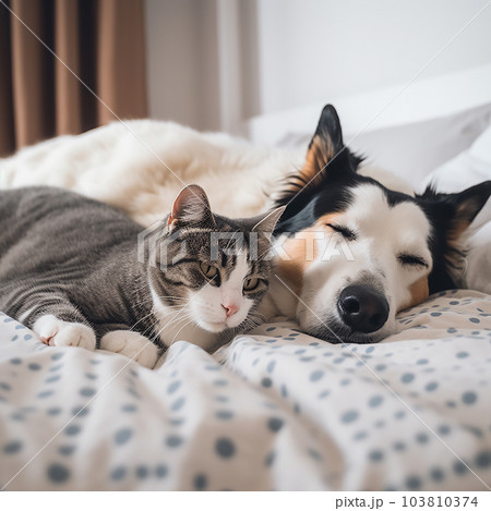 Cat and dog lie together on a white bed, cat and dog friendship, cute pets, Cat and dog lie together on a white bed, cat and dog friendship, cute pets, 103810374