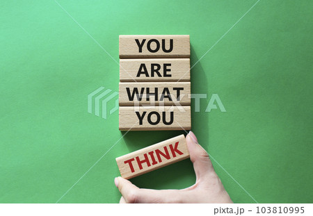 You are what you think symbol. Wooden blocks with words You are what you think. Beautiful green background. Businessman hand. Business and You are what you think concept. Copy space 103810995