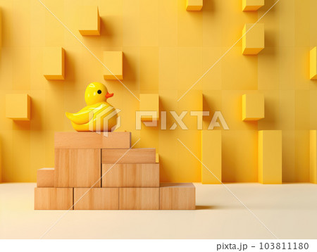 abstract background. plastic duck on wooden cubes on yellow background. ai abstract background. plastic duck on wooden cubes on yellow background. ai 103811180