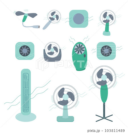 Set of household fans isolated white background. Devices for climate control and air cooling. Vector flat illustration. 103811489