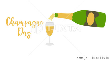 Champagne drink isolated on a white background. Champagne is poured from a bottle into a wine glass. The concept of the holiday. Poster, postcard, flyer design. Vector flat illustration. Champagne drink isolated on a white background. Champagne is poured from a bottle into a wine glass. The concept of the holiday. Poster, postcard, flyer design. Vector flat illustration. 103811516
