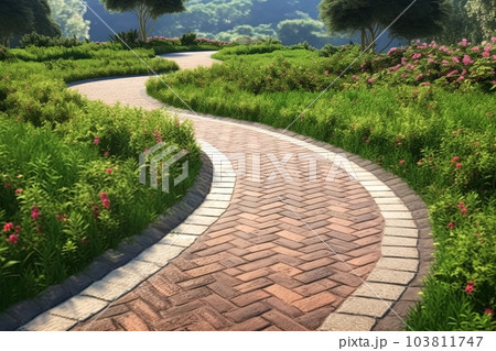Clinker brick path to the house, landscaping. Generative AI 103811747