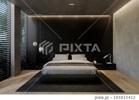 Modern bedroom interior design contemporary, with natural tones on the room, walls, floor and ceiling. rendering illustration 103815412