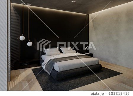 Modern bedroom interior design contemporary, with natural tones on the room, walls, floor and ceiling. rendering illustration 103815413