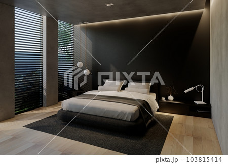 Modern bedroom interior design contemporary, with natural tones on the room, walls, floor and ceiling. rendering illustration 103815414