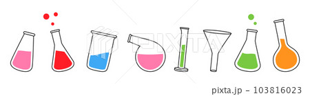 Laboratory glassware. Chemistry glassware, conical flask, glass beaker, retort glass flask, graduated cylinder, filter funnel, glass flask. 103816023