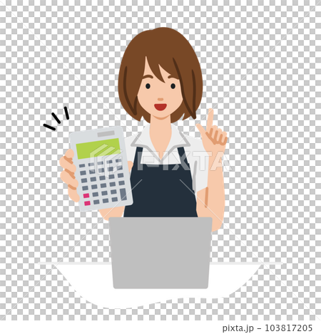 A female clerk wearing an apron sits at her desk, opens her laptop, holds a calculator, and shows it to me A female clerk wearing an apron sits at her desk, opens her laptop, holds a calculator, and shows it to me 103817205