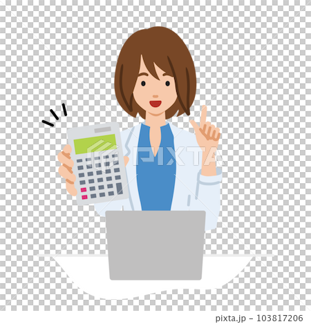 A woman in a jacket sitting at her desk, opening her laptop, holding a calculator, and showing it to us 103817206