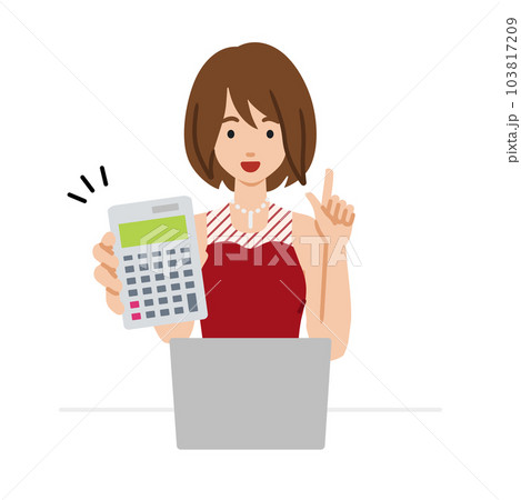 座ってデスクでノートPCを開いて電卓を持ってこちらに向けて見せているドレスの女性 103817209