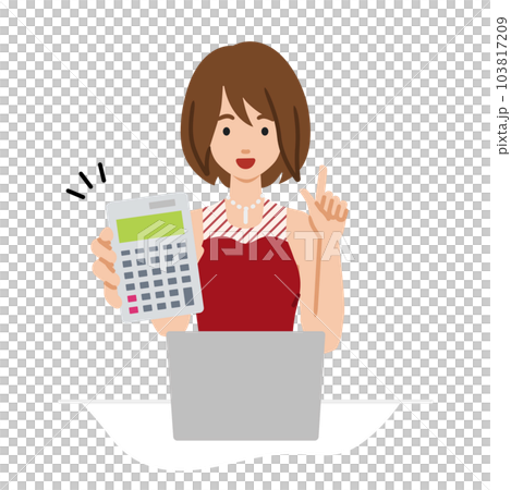 座ってデスクでノートPCを開いて電卓を持ってこちらに向けて見せているドレスの女性 103817209
