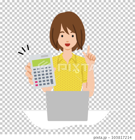 A woman in a polo shirt sitting at her desk with her laptop open, holding a calculator and showing it to me A woman in a polo shirt sitting at her desk with her laptop open, holding a calculator and showing it to me 103817214