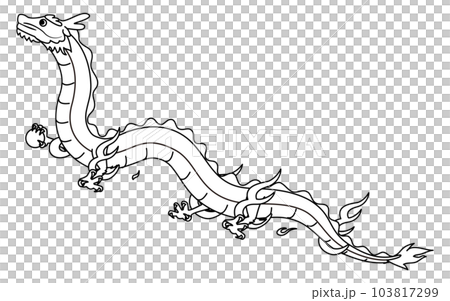 2024年辰年の年賀状素材、空を飛ぶ昇り龍（竜・辰・ドラゴン）、白黒の線画 103817299