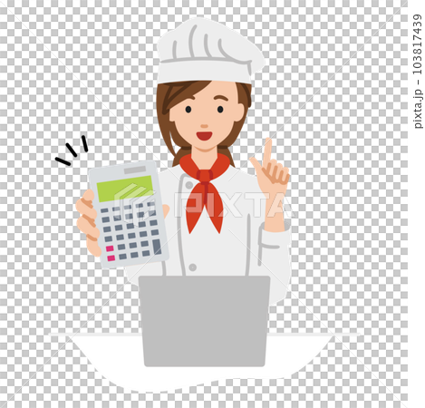 A female cook sitting at her desk, opening her laptop, holding a calculator, and showing it to us A female cook sitting at her desk, opening her laptop, holding a calculator, and showing it to us 103817439