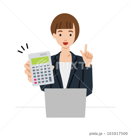 座ってデスクでノートPCを開いて電卓を持ってこちらに向けて見せているスーツの女性 103817500