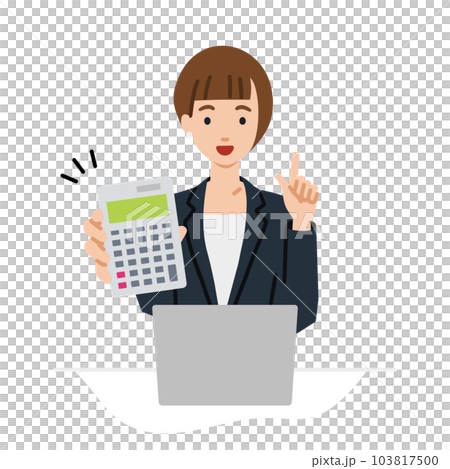 座ってデスクでノートPCを開いて電卓を持ってこちらに向けて見せているスーツの女性 103817500