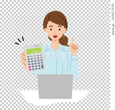 座ってデスクでノートPCを開いて電卓を持ってこちらに向けて見せているブラウスの女性 座ってデスクでノートPCを開いて電卓を持ってこちらに向けて見せているブラウスの女性 103817579