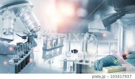 Double exposure microscope and Young woman scientific using equipment in the laboratory for research.Biotechnology,development,chemical,vaccine, Photo concept experimentation and research. Double exposure microscope and Young woman scientific using equipment in the laboratory for research.Biotechnology,development,chemical,vaccine, Photo concept experimentation and research. 103817937