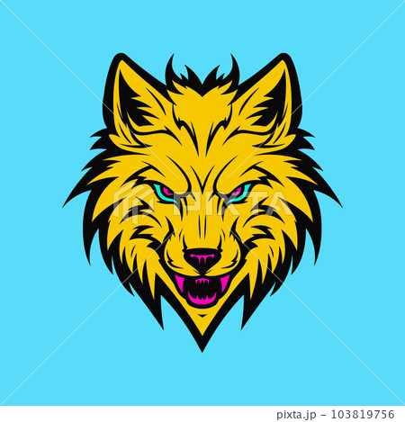 Yellow wolf head illustration on blue background Yellow wolf head illustration on blue background 103819756