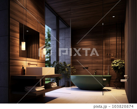 Realistic interior design bathroom with bathtub. modern minimal design. Generative AI Realistic interior design bathroom with bathtub. modern minimal design. Generative AI 103820874