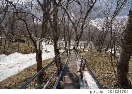 草春の赤城山　駒ケ岳から大沼への下山道の鉄製階段　2023年3月8日 103821765