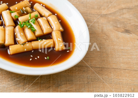 Spicy Jjajang Tteokbokki or Korean rice cake in spicy black bean sauce Spicy Jjajang Tteokbokki or Korean rice cake in spicy black bean sauce 103822912