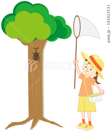 夏休みに大きな木の下で、アミを持ち虫かごをぶら下げて、カブトムシを捕まえようとしている女の子 103823531