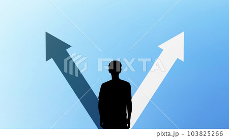 2方向の矢印と人物シルエット_青背景_ワイド 103825266