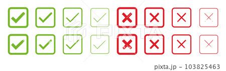 Hand painted approved and rejected signs. Grunge style check mark and cross vector illustration Hand painted approved and rejected signs. Grunge style check mark and cross vector illustration 103825463