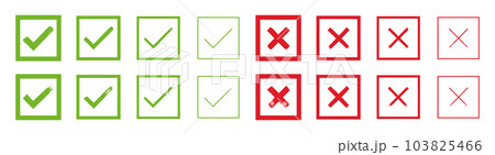 Hand painted approved and rejected signs. Grunge style check mark and cross vector illustration Hand painted approved and rejected signs. Grunge style check mark and cross vector illustration 103825466
