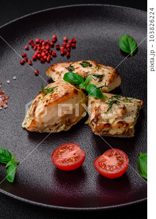 Delicious juicy chicken, turkey skewers with salt, spices and herbs 103826224