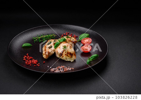 Delicious juicy chicken, turkey skewers with salt, spices and herbs 103826228