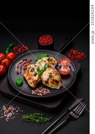 Delicious juicy chicken, turkey skewers with salt, spices and herbs 103826284