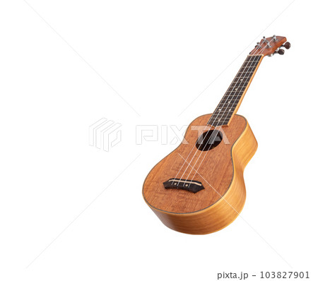 Ukulele Hawaii guitar on white background, mage from Okoume wood, Selective focus 103827901