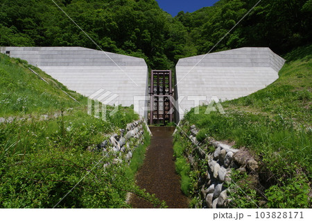信州　小谷村の砂防施設　滝の沢砂防堰堤　標準的な鋼製スリット堰堤 103828171