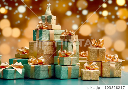 Golden and mint gift boxes with golden bows on the background of bokeh effect. Generative AI 103828217