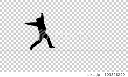 Silhouette of a woman walking a tightrope and a - Stock