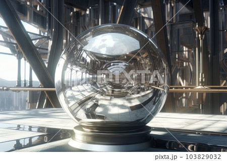 Polygonal transparent ball in abstract futuristic room made with generative Ai 103829032