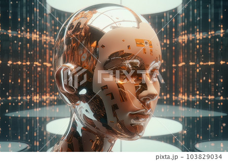 The female face of an android robot in a glass flask Ai 103829034