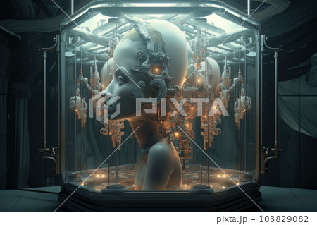 The female face of an android robot in a glass flask Ai The female face of an android robot in a glass flask Ai 103829082