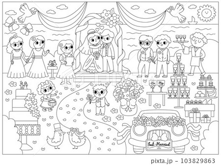 Vector black and white wedding scene. Cute line marriage ceremony illustration or coloring page with just married couple in the arch, registrar, bridesmaids and bridegroom, candy bar, cake Vector black and white wedding scene. Cute line marriage ceremony illustration or coloring page with just married couple in the arch, registrar, bridesmaids and bridegroom, candy bar, cake 103829863