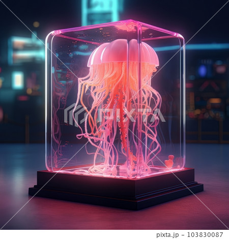 Decorative futuristic neon jellyfish in a transparent glass flask. Ai 103830087