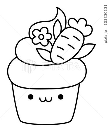 Vector black and white Easter cupcake for kids. Cute line kawaii cup cake with cream, flower and carrot. Funny cartoon character. Traditional spring holiday dessert illustration or coloring page 103830131