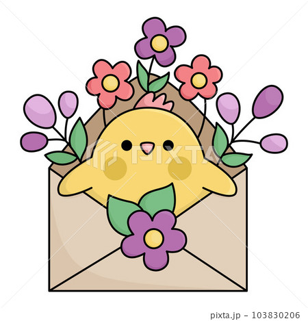 Vector Easter chick icon for kids. Cute kawaii chicken illustration. Funny cartoon bird character. Traditional spring holiday symbol sticking out of envelope with first flowers Vector Easter chick icon for kids. Cute kawaii chicken illustration. Funny cartoon bird character. Traditional spring holiday symbol sticking out of envelope with first flowers 103830206