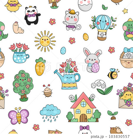 Vector kawaii Easter seamless pattern for kids. Cute cartoon repeat background. Traditional symbols digital paper with bunny, colored eggs, bird, chick, basket, flowers. Spring holiday texture Vector kawaii Easter seamless pattern for kids. Cute cartoon repeat background. Traditional symbols digital paper with bunny, colored eggs, bird, chick, basket, flowers. Spring holiday texture 103830557