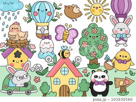 Vector kawaii Easter scene with bunny, colored eggs, cute cottage house, blooming tree, funny animals. Spring illustration. Cute holiday egg hunt scenery for kids with hot air balloon, birds, panda 103830560
