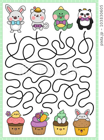 Easter maze for kids. Spring holiday preschool printable activity with kawaii animals and cupcakes with eggs, carrot, bunny, chick. Labyrinth game or puzzle with cute characters, cup cakes Easter maze for kids. Spring holiday preschool printable activity with kawaii animals and cupcakes with eggs, carrot, bunny, chick. Labyrinth game or puzzle with cute characters, cup cakes 103830605