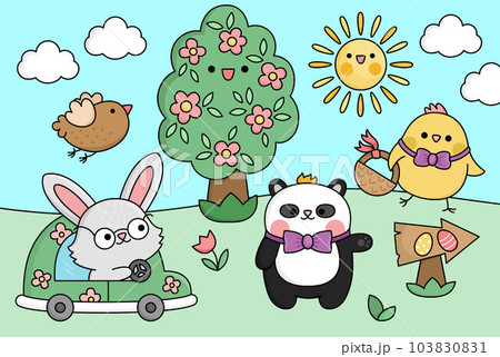 Vector kawaii Easter scene with bunny on a car and chick with basket. Spring cartoon illustration. Cute holiday egg hunt scenery for kids with tree, bird, panda bear. Sunny day picture Vector kawaii Easter scene with bunny on a car and chick with basket. Spring cartoon illustration. Cute holiday egg hunt scenery for kids with tree, bird, panda bear. Sunny day picture 103830831