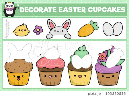 Vector Easter cut and glue activity. Crafting game with cute kawaii cup cakes. Fun spring holiday printable worksheet. Find the right piece of the puzzle. Decorate cupcakes 103830836
